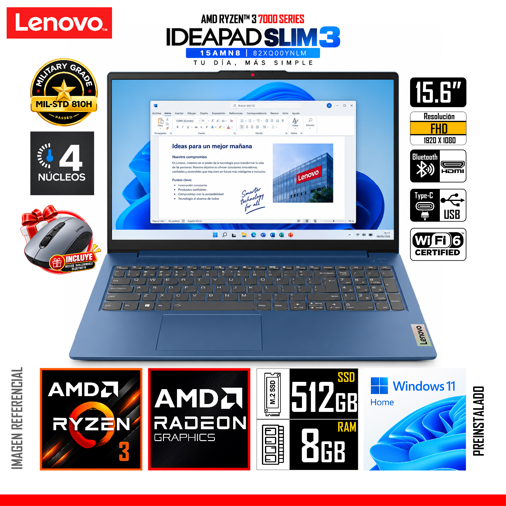 LAPTOP LENOVO IDEAPAD SLIM 3 RYZEN 3 7320U 8GB 512GB SSD 15.6' FHD WIN 11 + MOUSE - 1