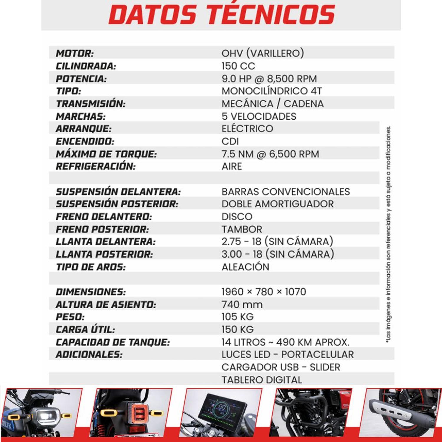MOTO SONLINK SL150-C10 150 CC 9 HP 5 VEL. CON USB Y SLIDERS - 8