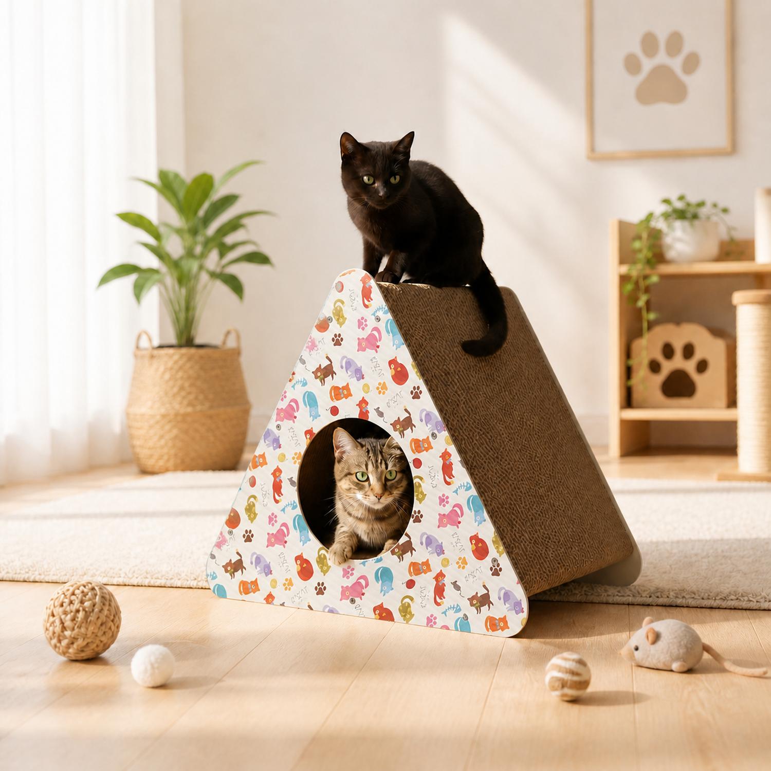 RASCADOR CASA TRIANGULO DE DIBUJITOS COLORIDOS PARA GATOS - 2