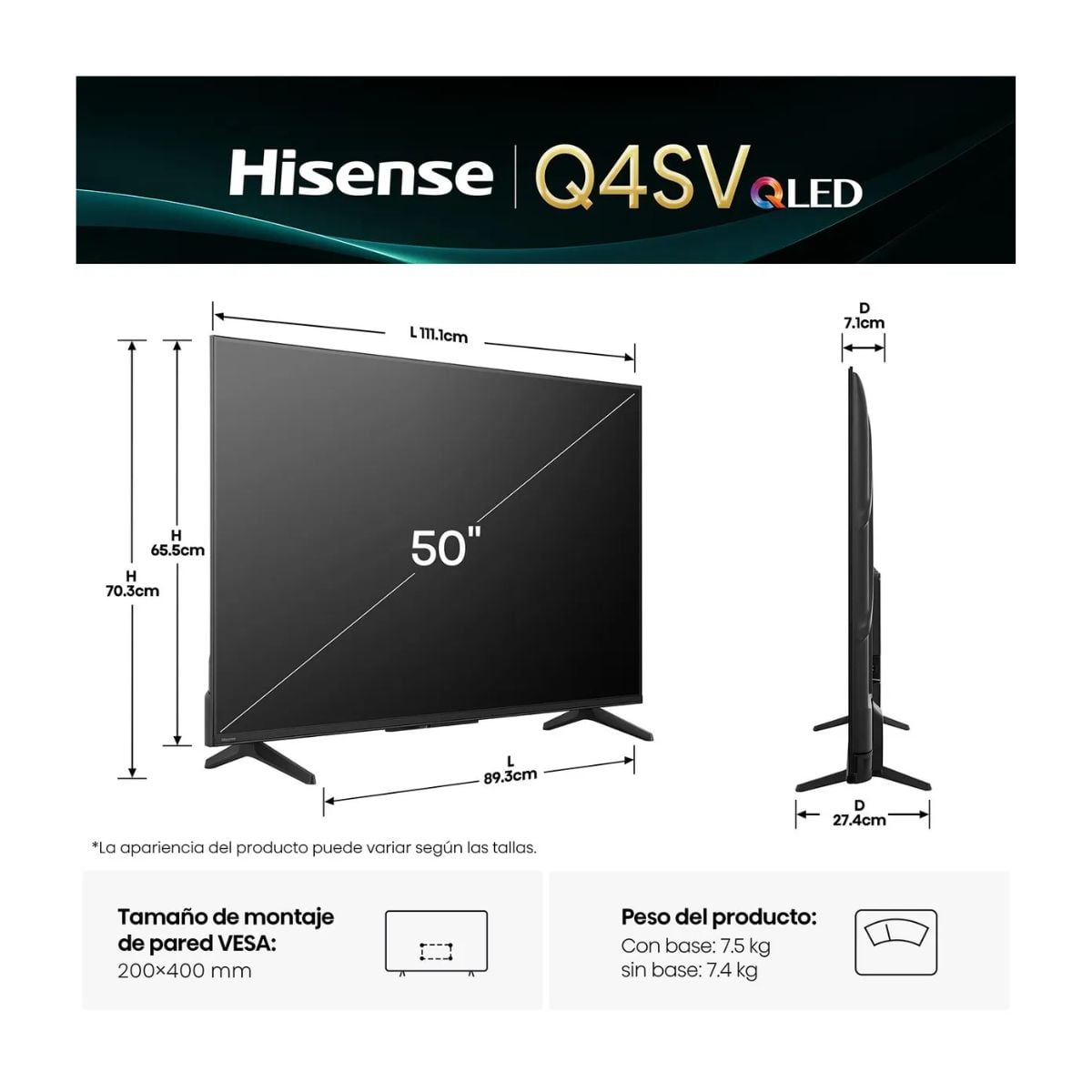 TELEVISOR 50'' QLED FHD HISENSE VIDAA 50Q4SV 2025 + ANT - 2
