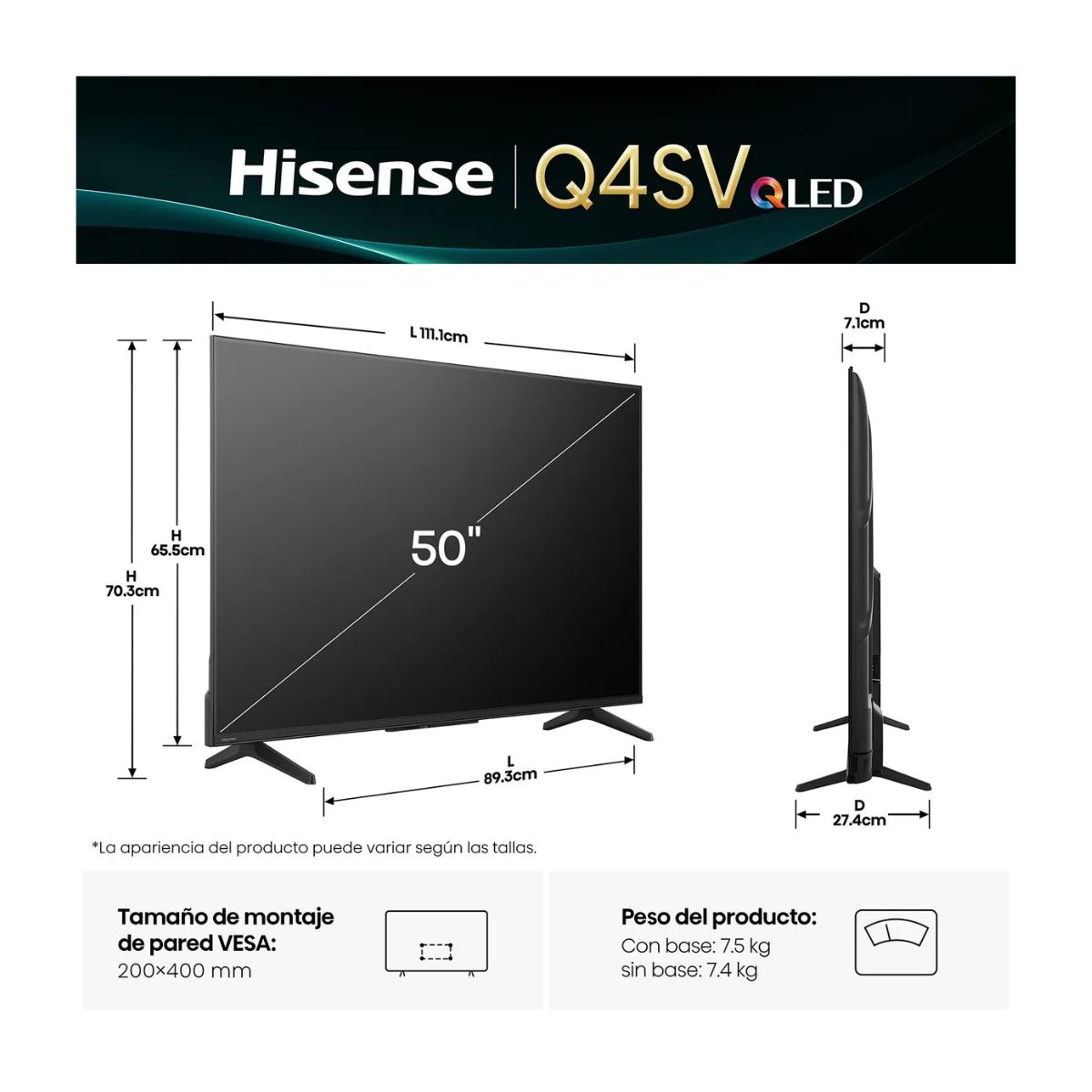TELEVISOR 50'' QLED FHD HISENSE VIDAA 50Q4SV 2025 + ANT + RACK - 2