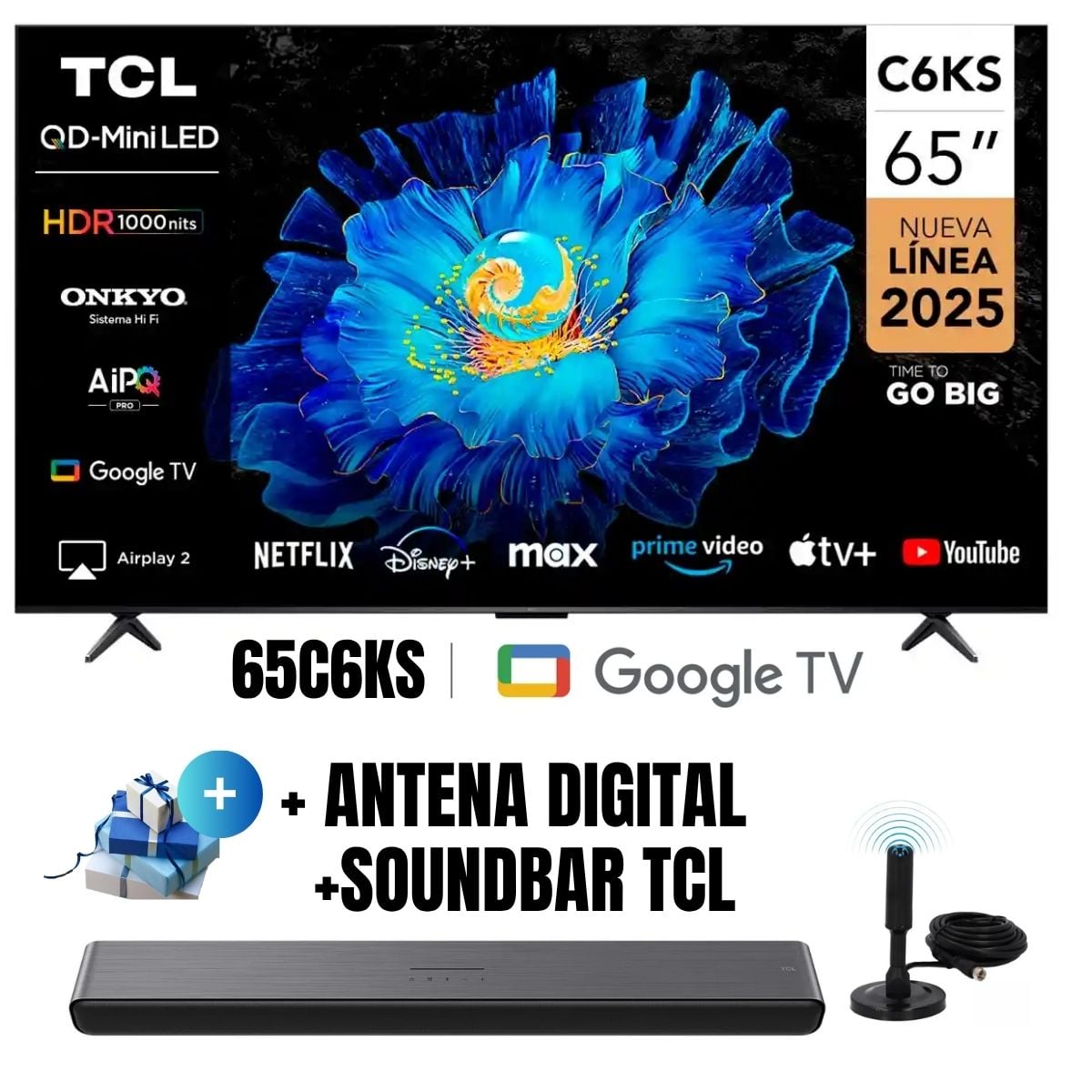 TELEVISOR TCL 65'' QD-MINILED UHD 4K 65C6KS GOOGLE TV 2025 + SOUNDBAR TCL + ANTENA - 1