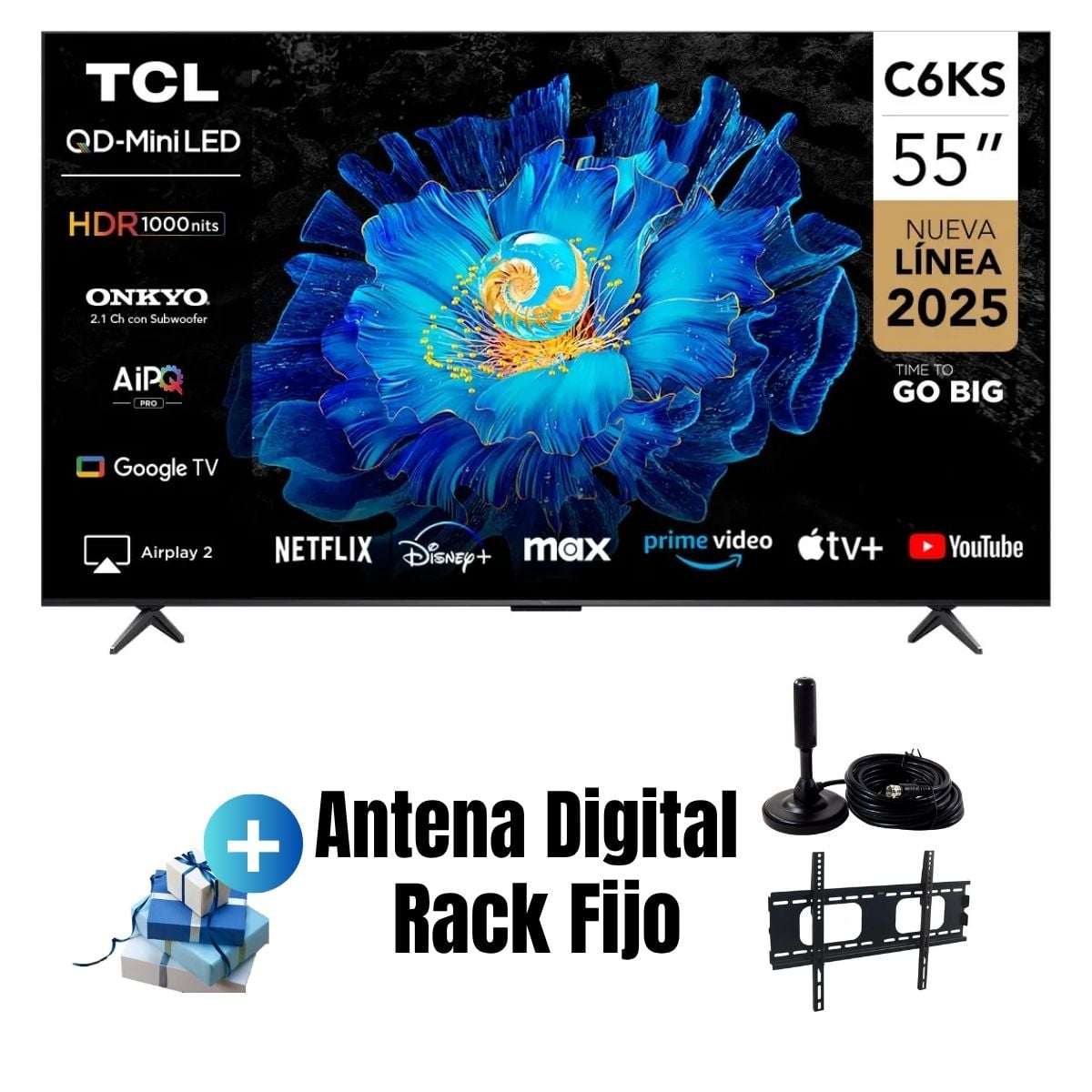 TELEVISOR TCL 55'' QD-MINILED UHD 4K GOOGLE TV 55C6KS 2025 + ANT + RACK FIJO - 1