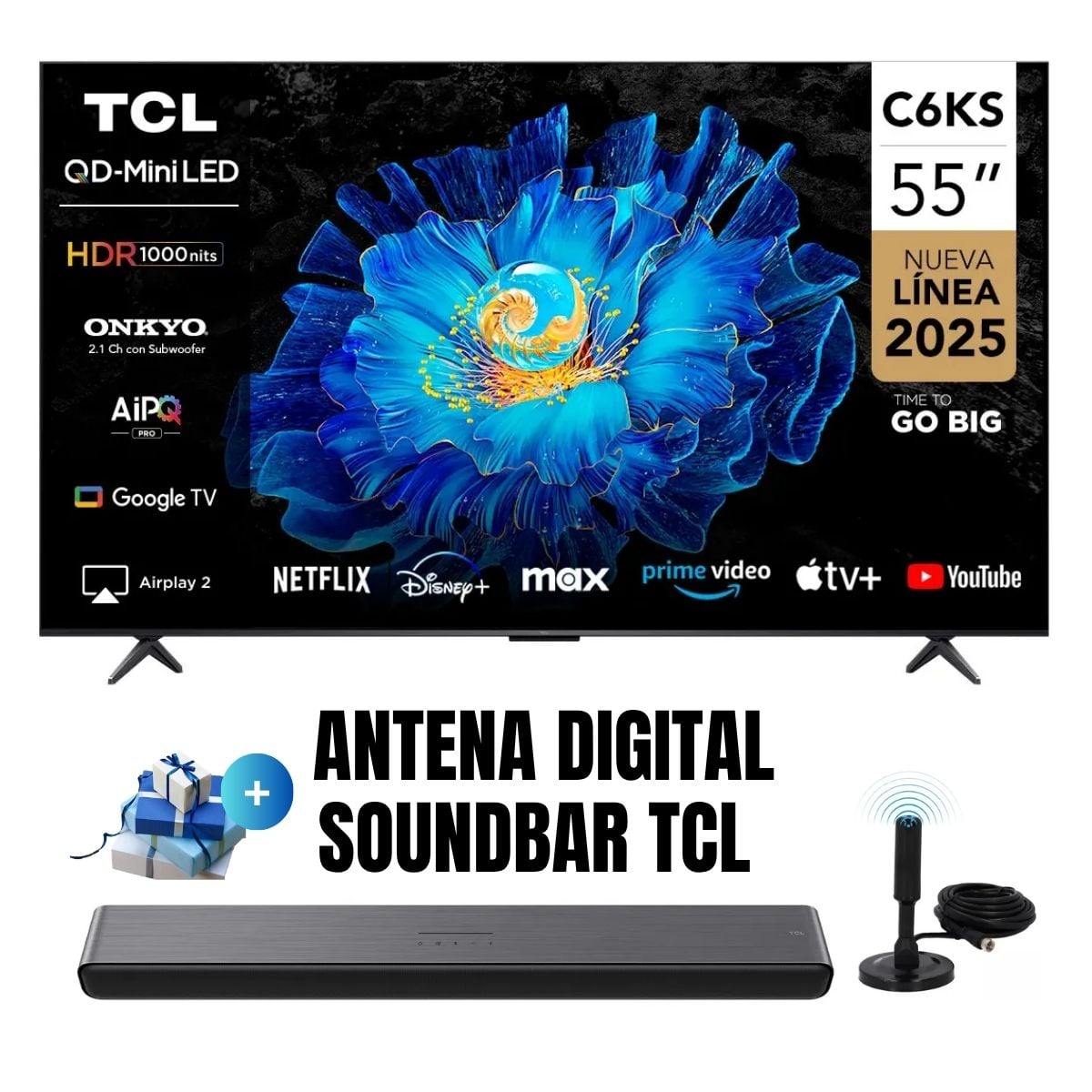 TELEVISOR TCL 55'' QD-MINILED UHD 4K GOOGLE TV 55C6KS 2025 + ANT + SOUNDBAR - 1