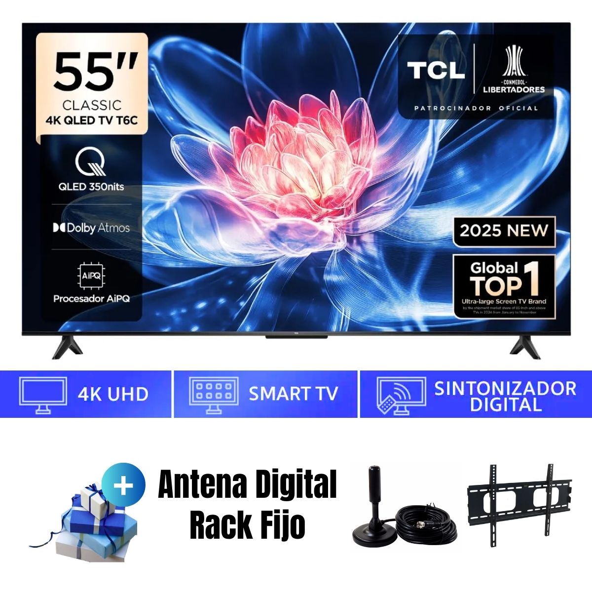 TELEVISOR 55'' TCL QLED UHD 4K 55T6C GOOGLETV 2025 + ANT + RACK FIJO - 1