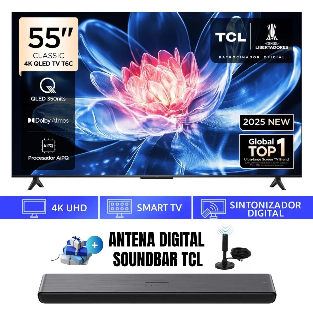 TELEVISOR 55'' TCL QLED UHD 4K 55T6C GOOGLETV 2025 + ANT + SOUNDBAR TCL - 1