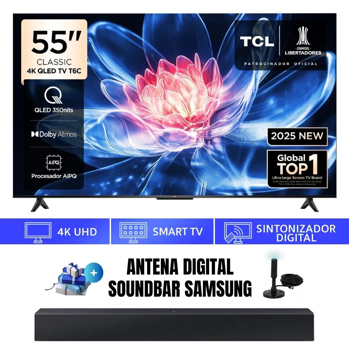 TELEVISOR 55'' TCL QLED UHD 4K 55T6C GOOGLETV 2025 + ANT + SOUNDBAR SAMSUNG - 1