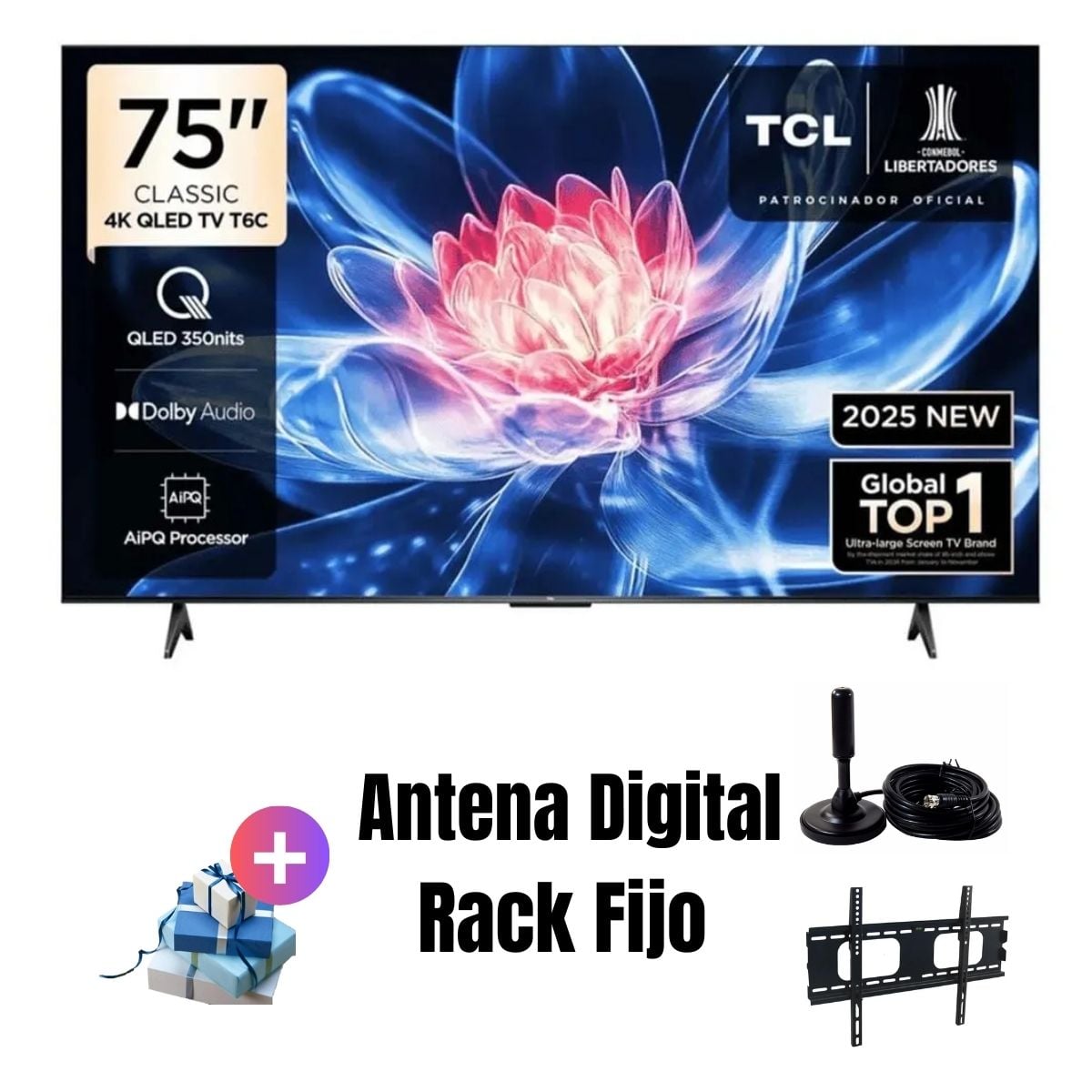TELEVISOR TCL 75'' QLED UHD 4K GOOGLETV 75T6C 2025 + ANT + RACK FIJO - 1