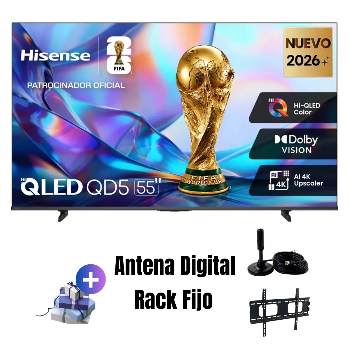 TELEVISOR SMART TV HISENSE 55'' QLED UHD 4K 55QD5SV 2026 + ANT + RACK FIJO - 1