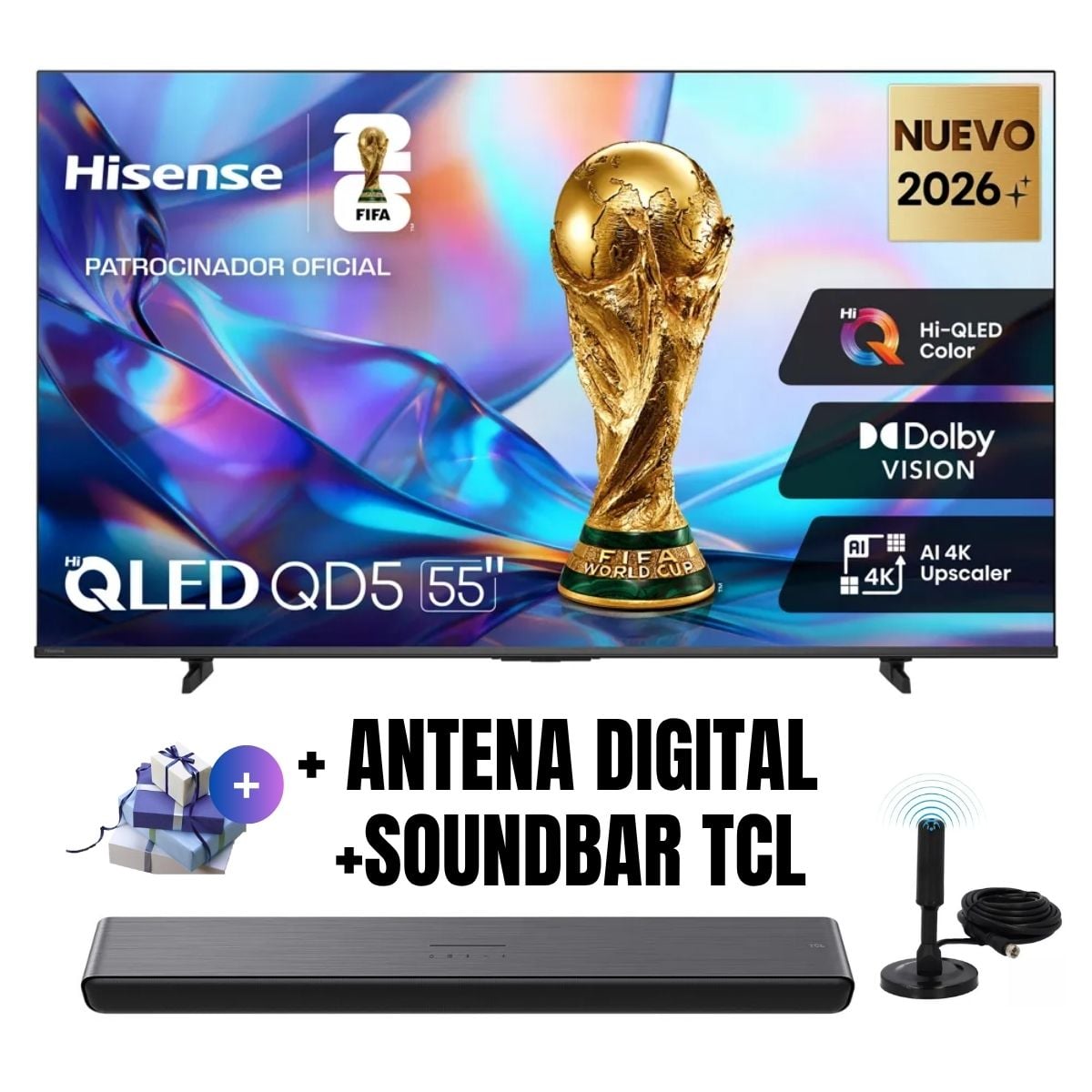 TELEVISOR SMART TV HISENSE 55'' QLED UHD 4K 55QD5SV 2026 + ANT + SOUNDBAR TCL - 1