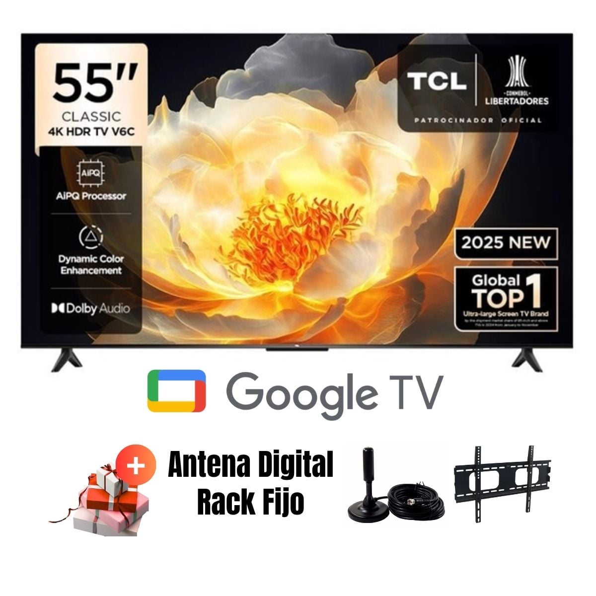 TELEVISOR SMART TCL TV 55'' LED UHD 4K 55V6C GOOGLETV 2025 + ANT + RACK FIJO - 1
