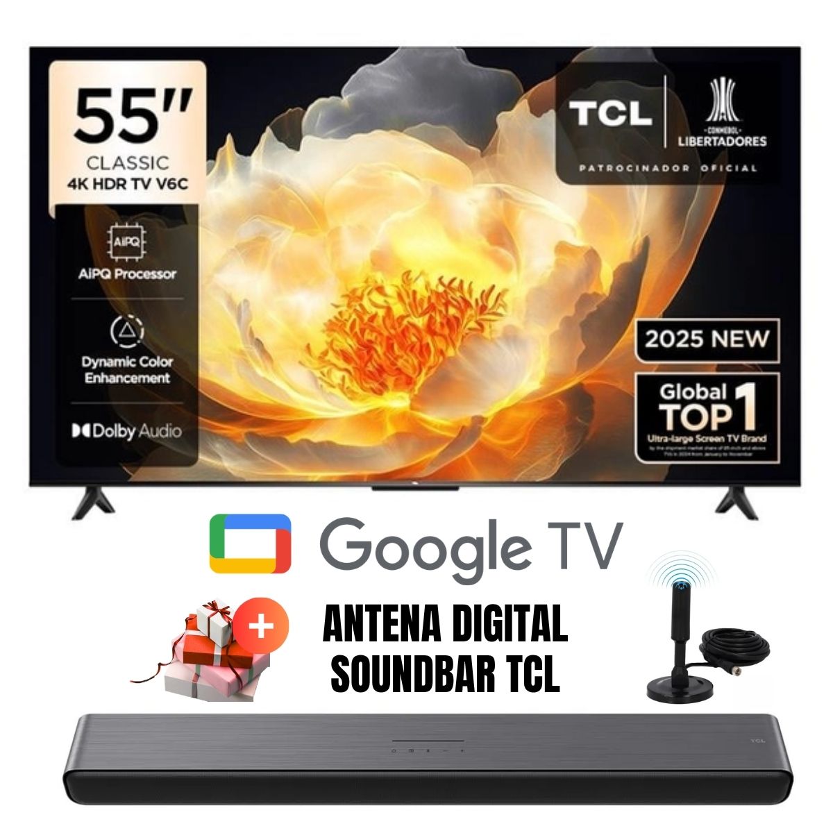 TELEVISOR SMART TCL TV 55'' LED UHD 4K 55V6C GOOGLETV 2025 + ANT + SOUNDBAR TCL - 1