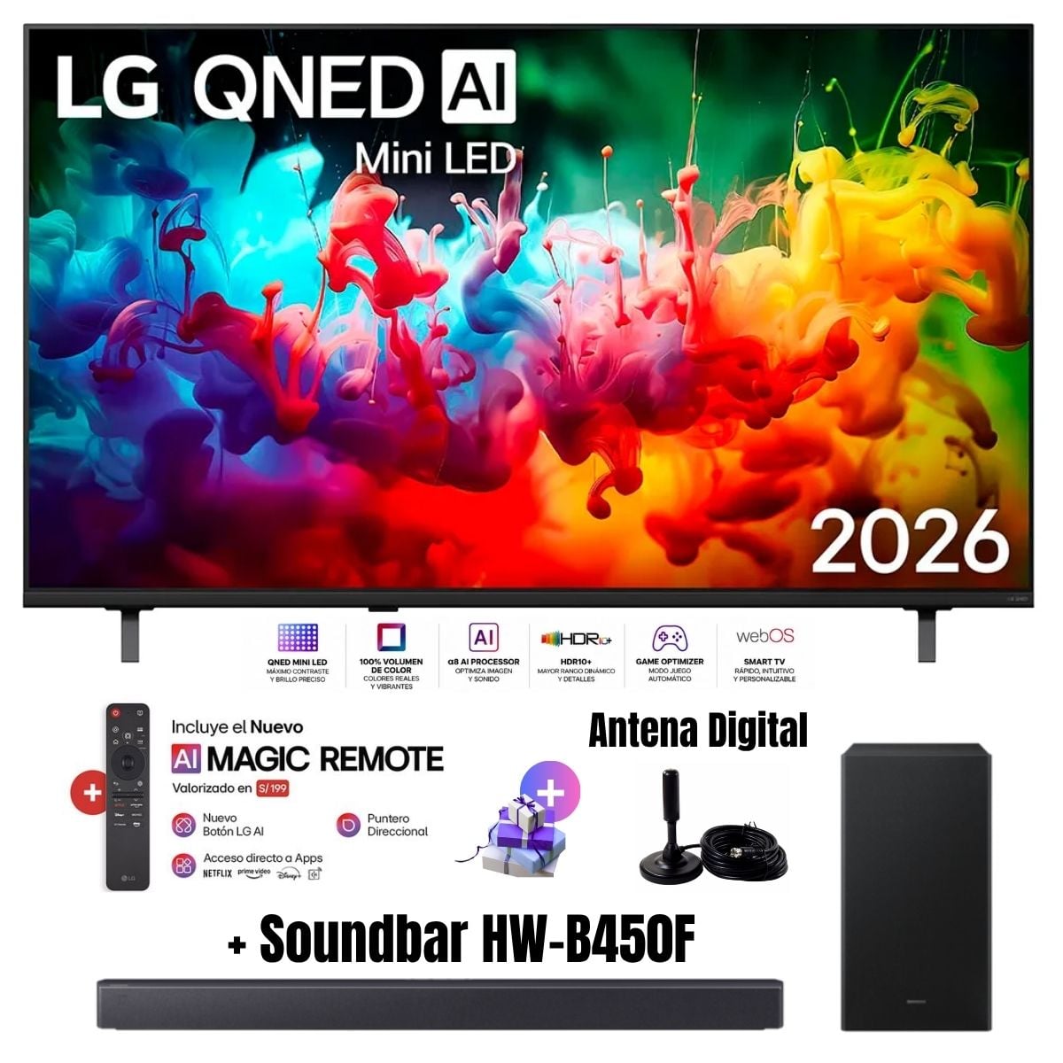 TELEVISOR SMART TV LG 55'' MINILED QNED UHD 4K 55QNED65BSA 2026 + ANT + MAGIC + SOUNDBAR HW-B450F - 1