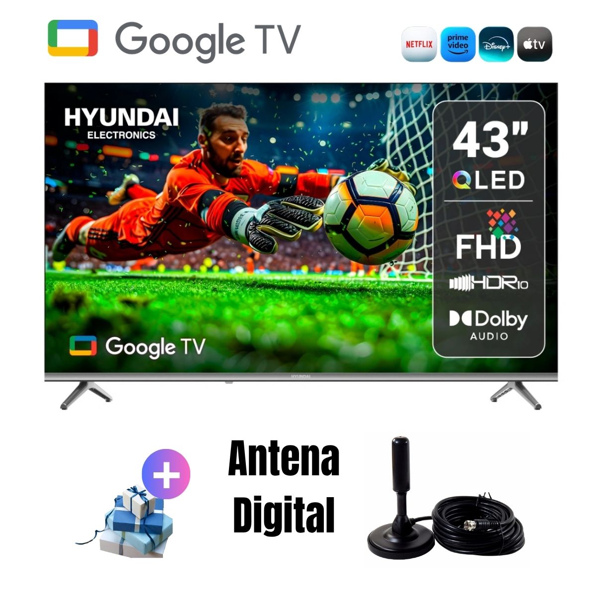 TELEVISOR SMART TV 43'' HYUNDAI FHD QLED GOOGLETV HYLED4326QG + ANTENA DIGITAL - 1