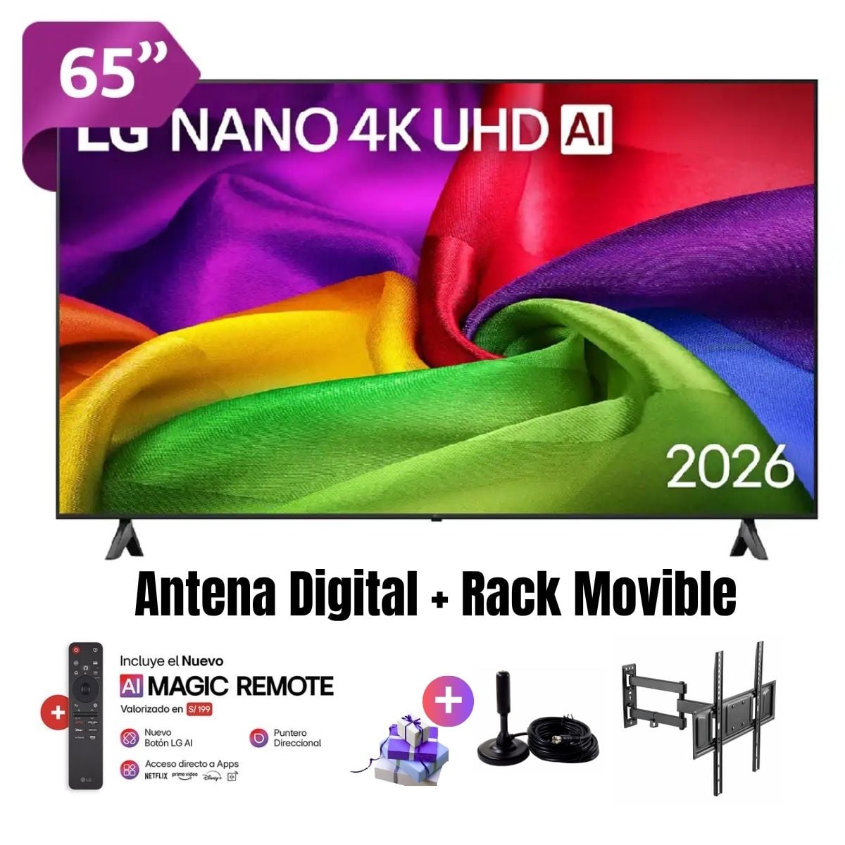 TELEVISOR SMART TV 65'' LG NANO UHD 4K 65NU800BPSB 2026 + ANT + RACK MOVIBLE - 1