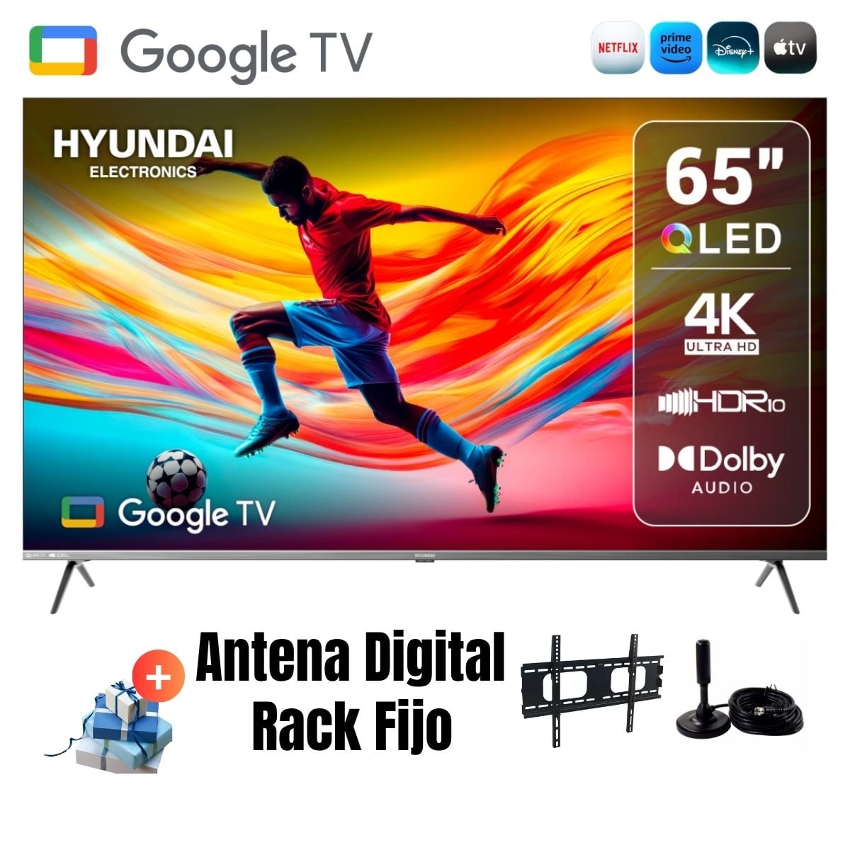 TELEVISOR SMART TV HYUNDAI 65'' QLED UHD 4K GOOGLETV HYLED6513QG + ANT + RACK FIJO - 1