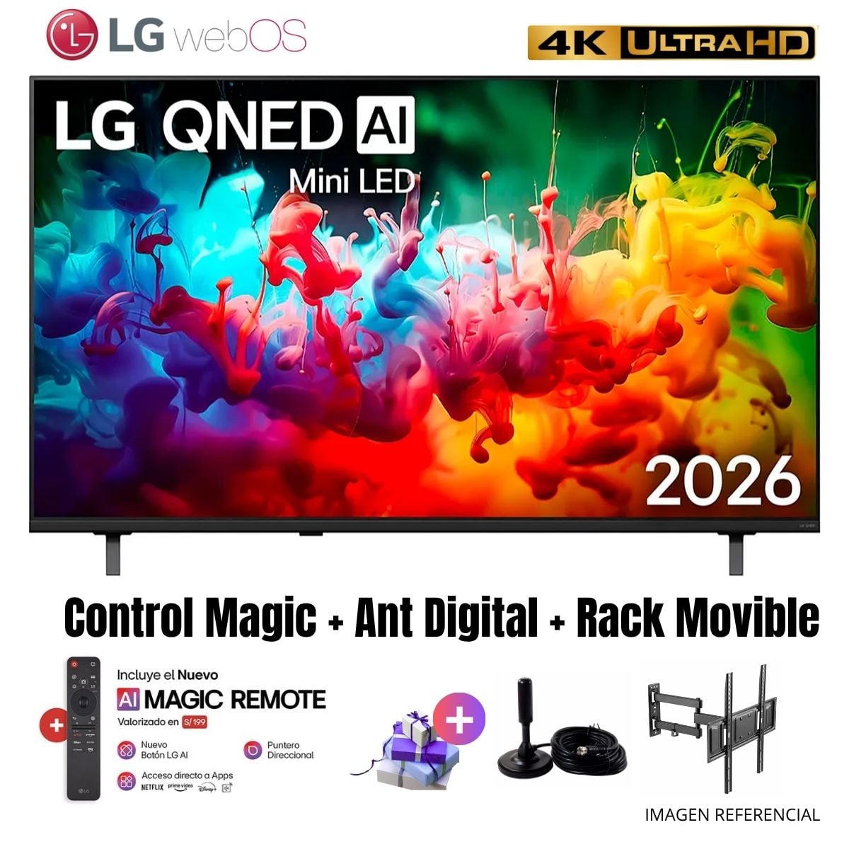 TELEVISOR SMART TV 75'' LG QNED MINILED UHD 4K WEBOS 75QNED65BSA 2026 + ANT + RACK MOVIBLE - 1