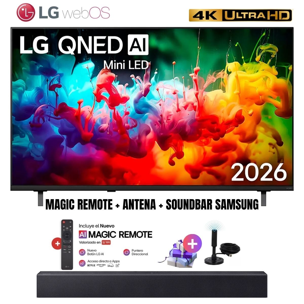 TELEVISOR SMART TV 75'' LG QNED MINILED UHD 4K WEBOS 75QNED65BSA 2026 + ANT + SOUNDBAR SAMSUNG - 1