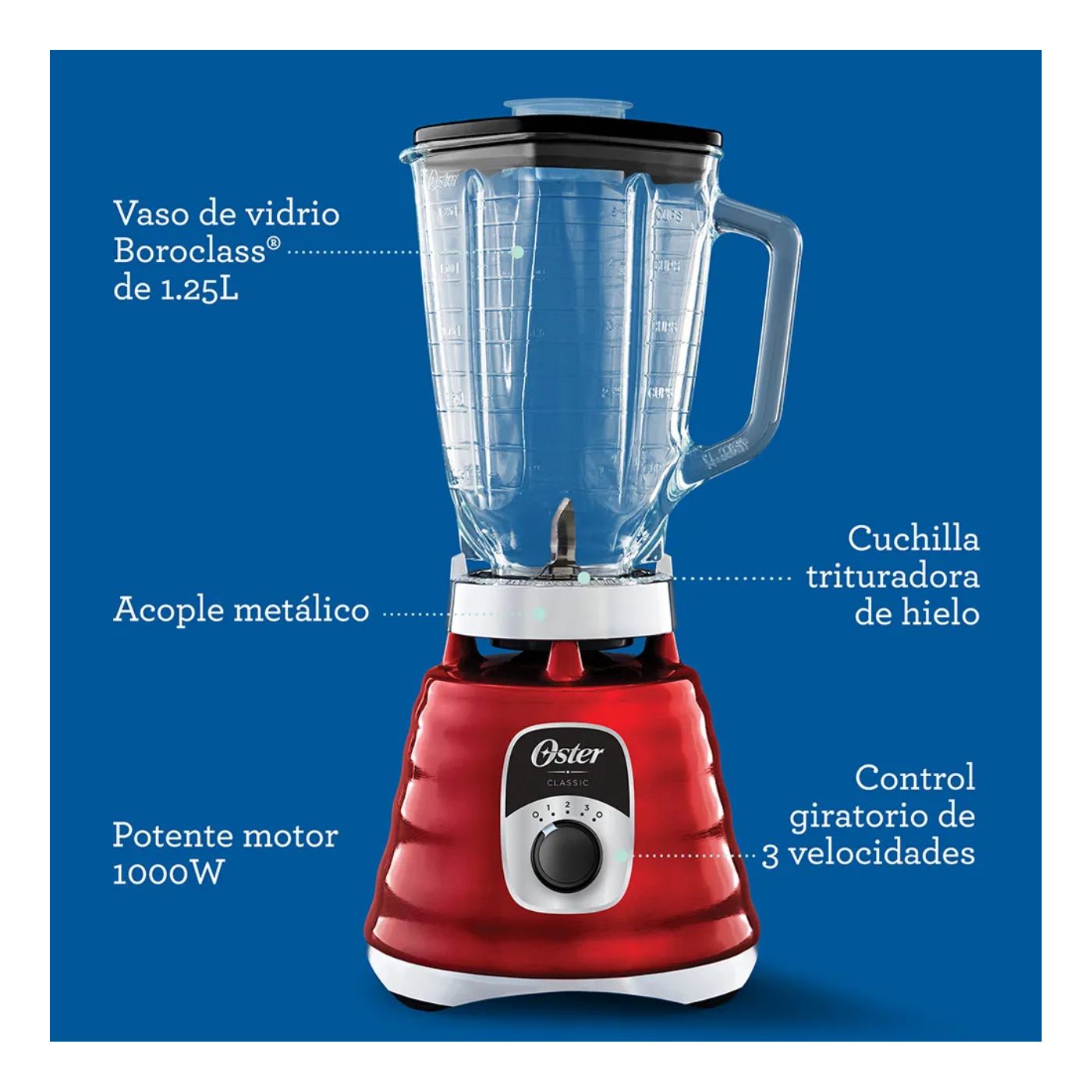 LICUADORA CLÁSICA OSTER ROJA 3 VELOCIDADES BLST4126R - 7