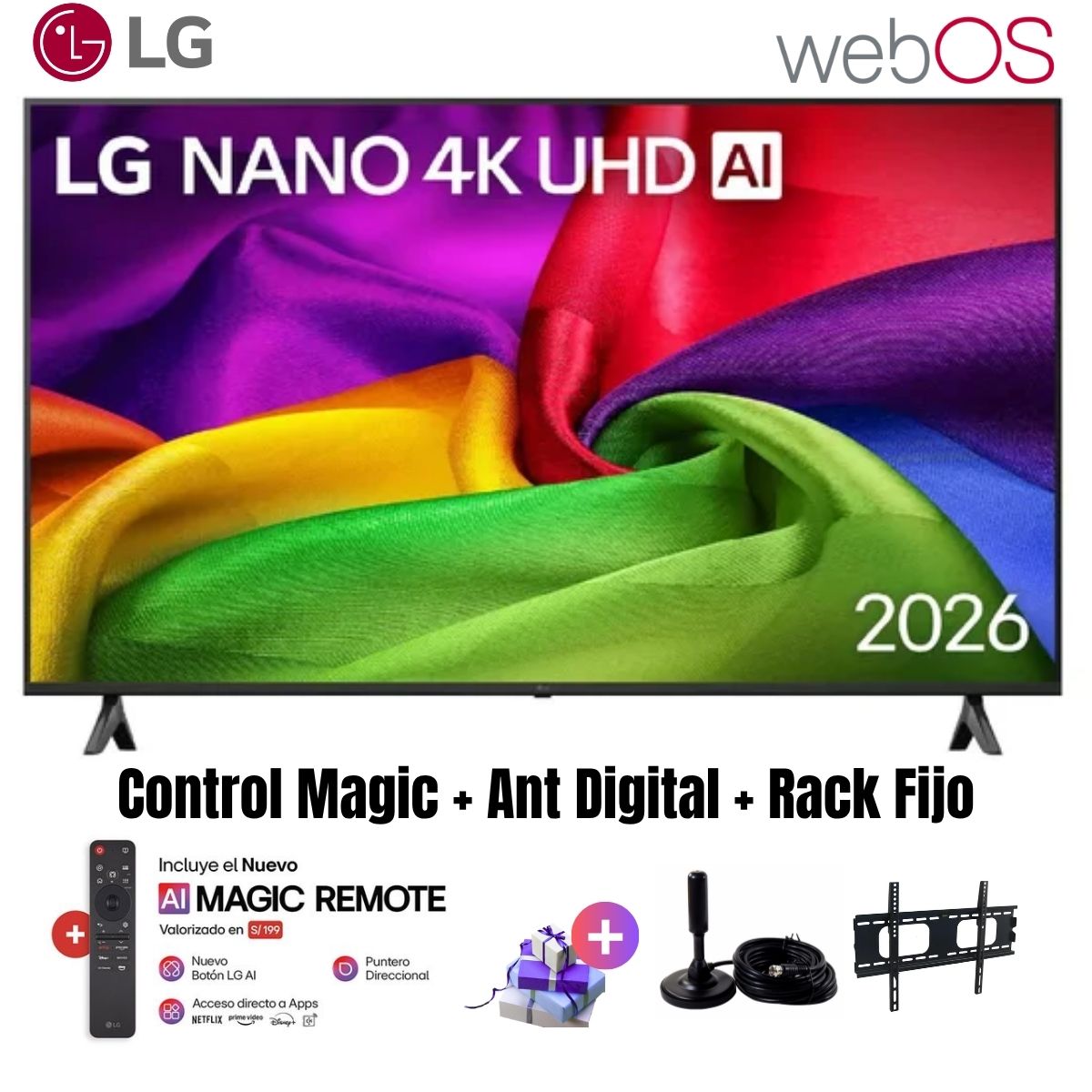 TELEVISOR SMART TV LG 55'' NANO UHD 4K WEBOS 55NU800BPSB 2026 + ANT + RACK FIJO - 1