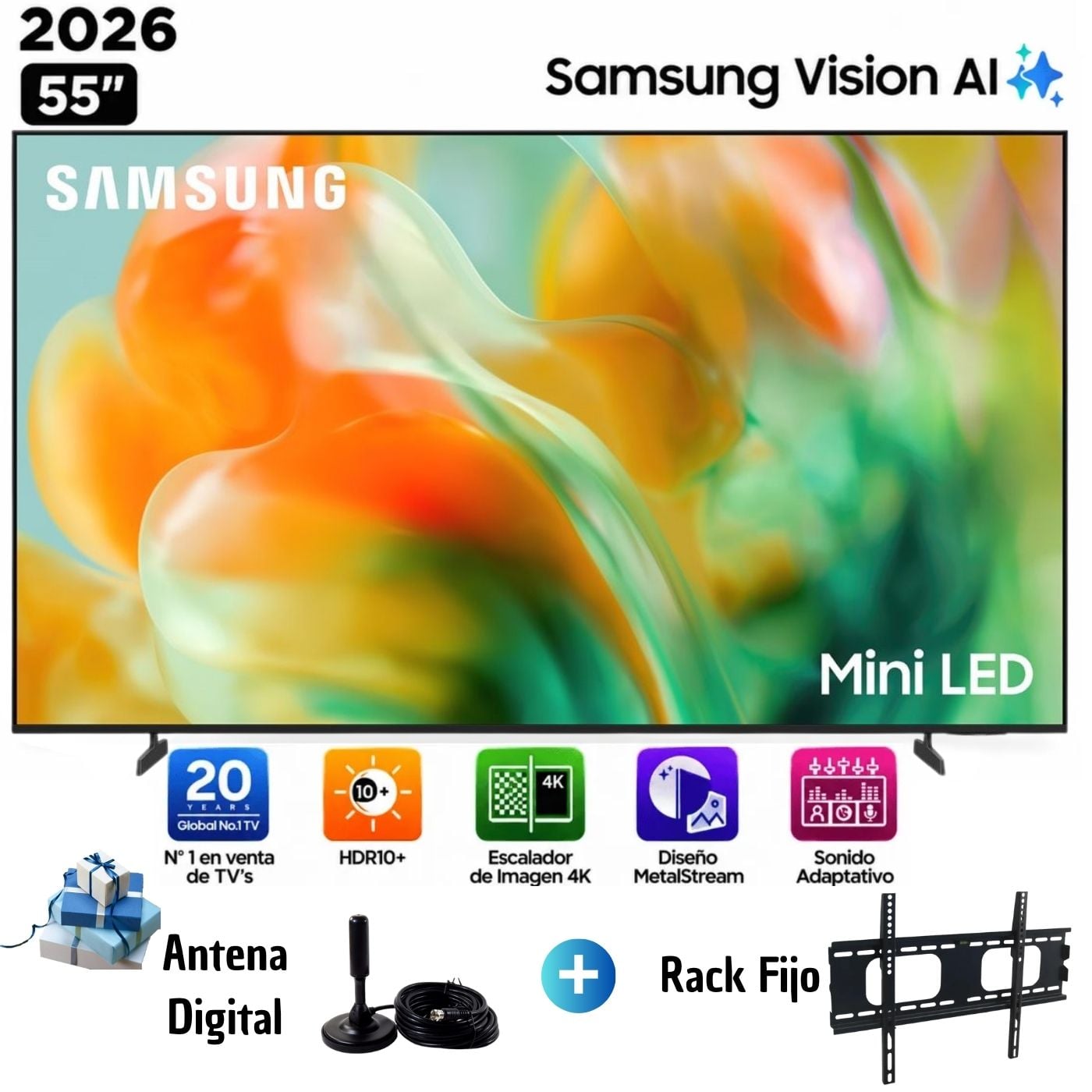 TELEVISOR SAMSUNG  MINI LED 55 PULGADAS 4K ULTRA HD TIZEN UN55M80HAGXPE +  ANTENA DIGITAL + RACK FIJO - 1