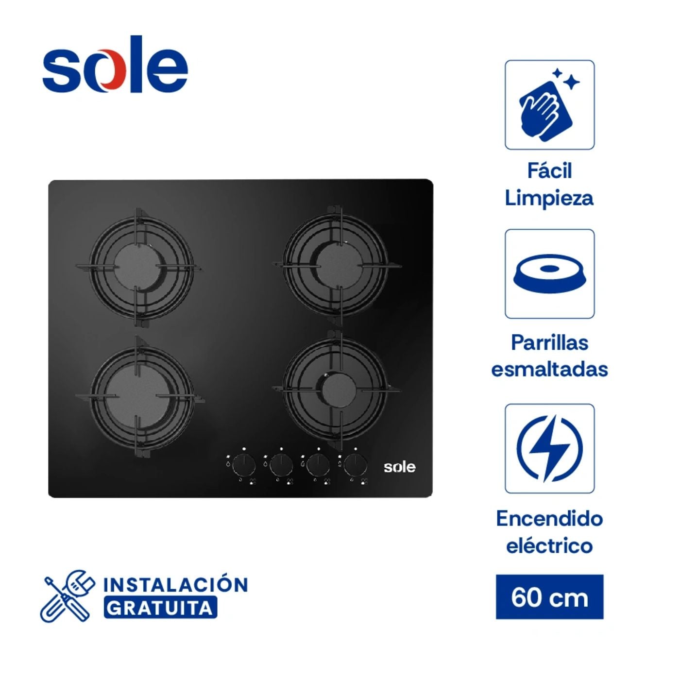 ENCIMERA VIDRIO TEMPLADO SOLE A GAS 60CM SOLCO049 - 1
