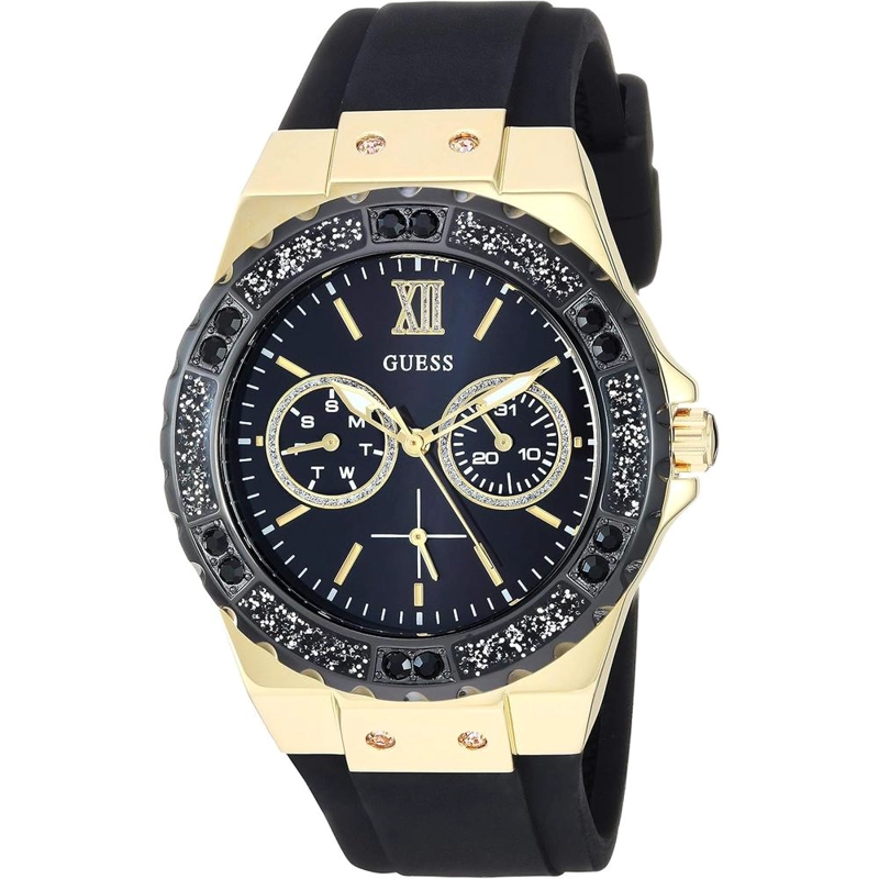 GUESS RELOJ DE SILICONA RESISTENTE A LAS MANCHAS DE ACERO INOXIDABLE PARA MUJER | ORO - NEGRO - 1