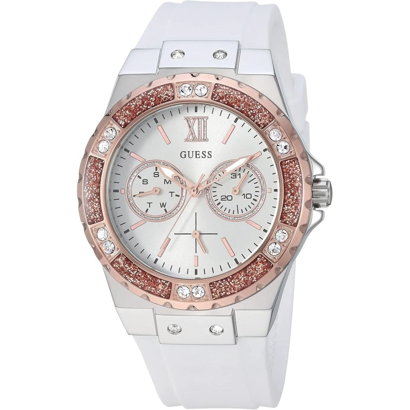 GUESS RELOJ DE SILICONA RESISTENTE A LAS MANCHAS DE ACERO INOXIDABLE PARA MUJER | ORO ROSA - BLANCO - 1
