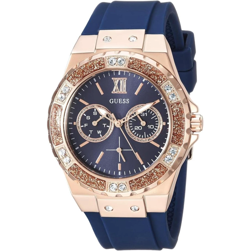 GUESS RELOJ DE SILICONA RESISTENTE A LAS MANCHAS DE ACERO INOXIDABLE PARA MUJER | ORO ROSA - AZUL - 1