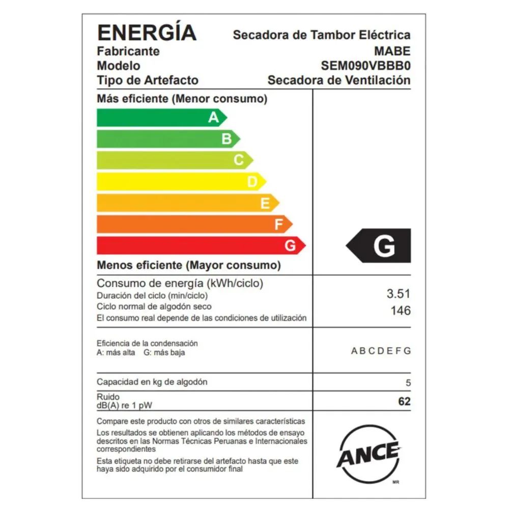SECADORA MABE ELÉCTRICA 9KG SEM090VBBB0 BLANCA - 6