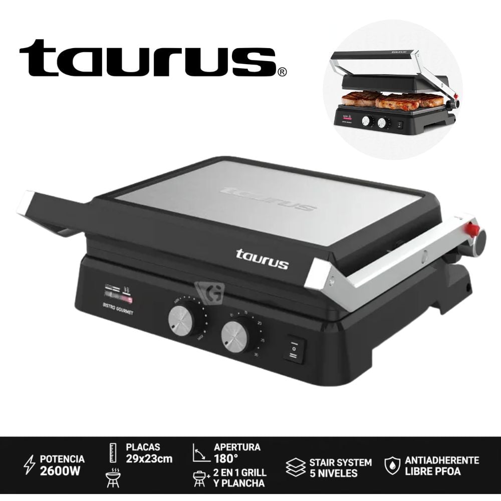 GRILL Y PLANCHA TAURUS 2600W COLOR NEGRO MOD BISTRO GOURMET - 1