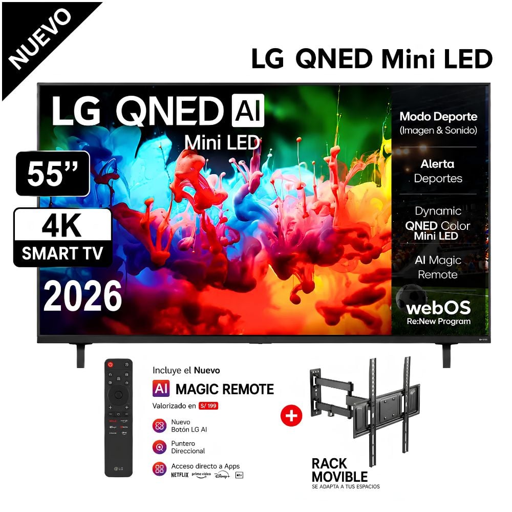 TELEVISOR LG QNED 55 UHD 4K THINQ AI 55QNED65BSA + RACK MOVIBLE - 1