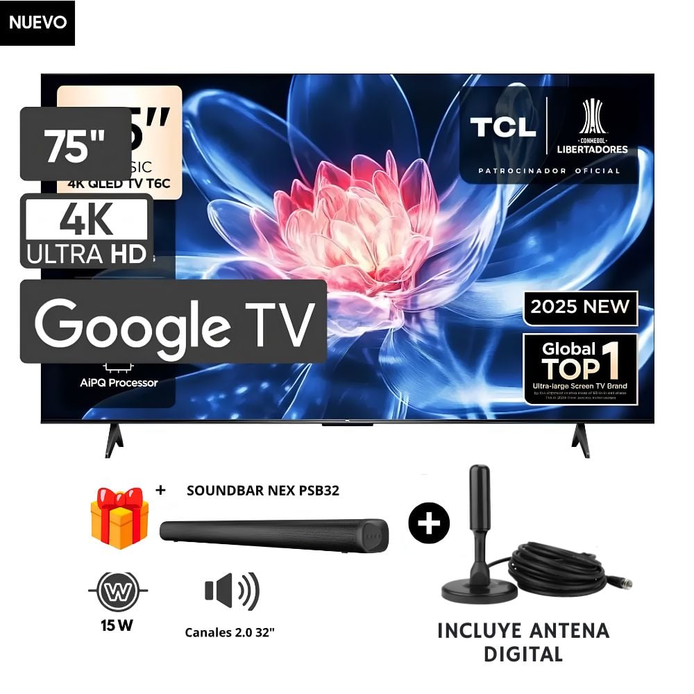 TELEVISOR TCL QLED 75' UHD 4K SMART TV 75T6C + SOUNDBAR NEX+ ANTENA - 1