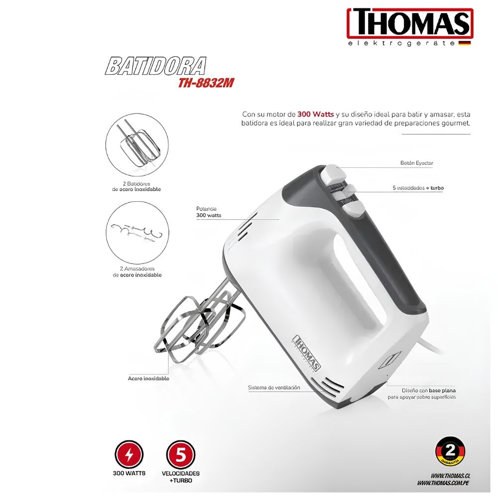 BATIDORA DE MANO THOMAS 5VELOCIDADES+TURBO  TH-8832M-BLANCO - 1