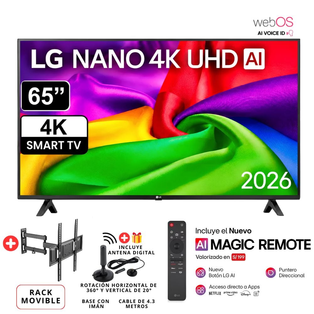 TELEVISOR LG 65' NANO 4K UHD AI SMART TV 65NU800BPSBQ - 2026 + RACK MOVIBLE - 1