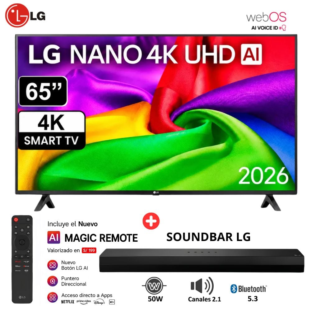 TELEVISOR LG 65' NANO 4K UHD AI SMART TV 65NU800BPSBQ - 2026 + SOUNDBAR LG - 1