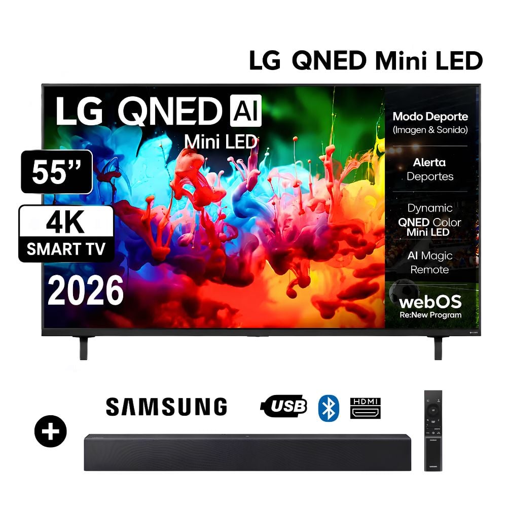 TELEVISOR LG 55' MINILED QNED 4K THINQ AI 55QNED65BSA -2026 + SOUNDBAR SAMSUNG - 1
