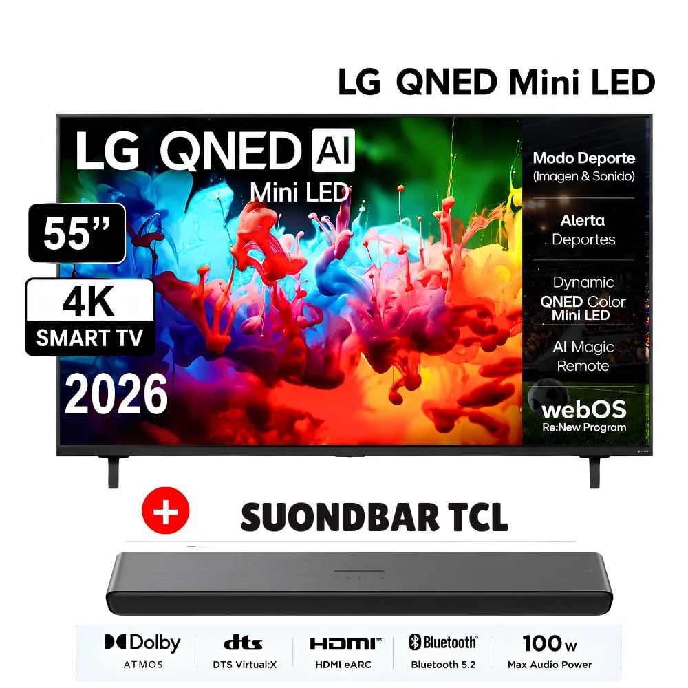 TELEVISOR LG 55' MINILED QNED 4K THINQ AI 55QNED65BSA -2026 + SOUNDBAR TCL - 1