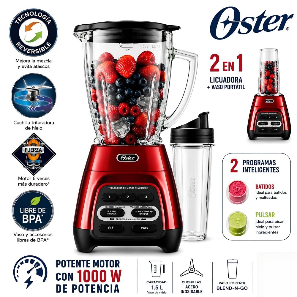 LICUADORA OSTER CON MOTOR REVERSIBLE 1.5L ROJO - BLENDER BLSTPYG1310RBG-053 - 1