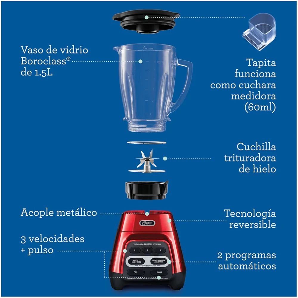 LICUADORA OSTER CON MOTOR REVERSIBLE 1.5L ROJO - BLENDER BLSTPYG1310RBG-053 - 6