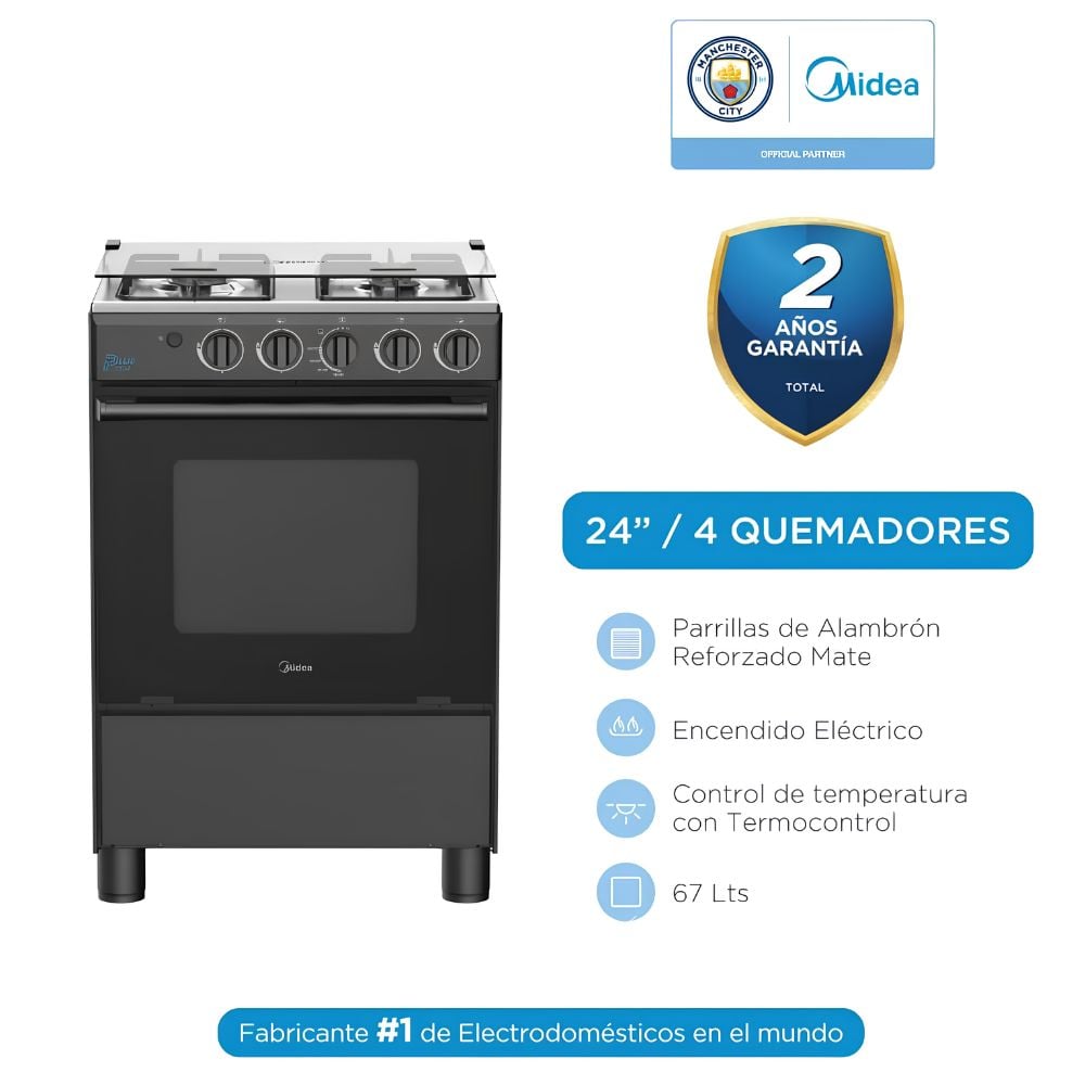 COCINA A GAS MIDEA 4 QUEMADORES MGS24FS2LFABBC NEGRO - 1