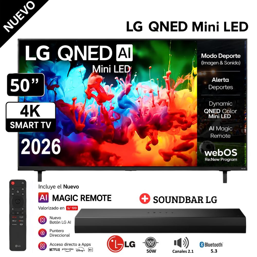 TELEVISOR LG 50' QNED AI MINI LED QNED70 4K SMART TV - 2026 + SOUNDBAR LG - 1