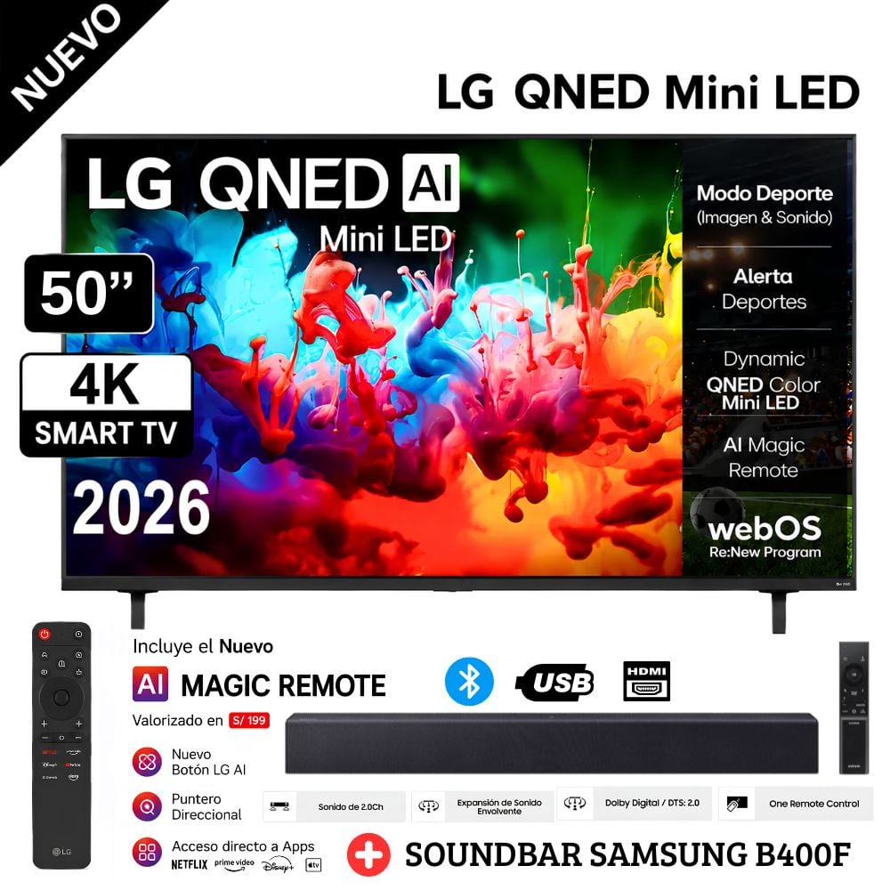 TELEVISOR LG 50' QNED AI MINI LED QNED70 4K SMART TV - 2026 + SOUNDBAR SAMSUNG - 1
