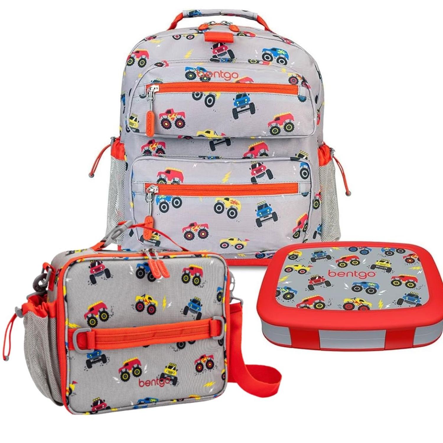 SET BENTGO MOCHILA ESCOLAR, LONCHERA Y PORTA LONCHERA - CAMIONES - 1