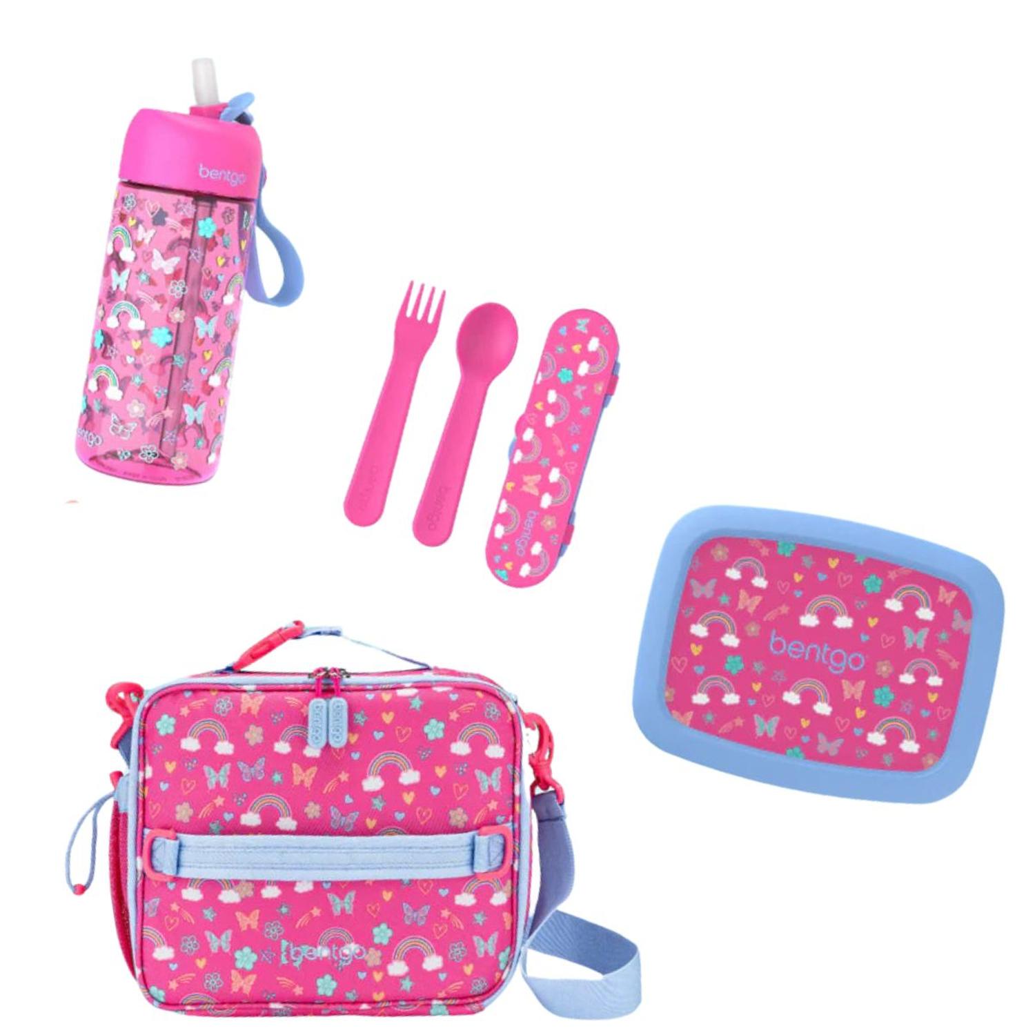 SET BENTGO LONCHERA, PORTA LONCHERA, CUBIERTOS Y TOMATODO - MARIPOSAS - 1