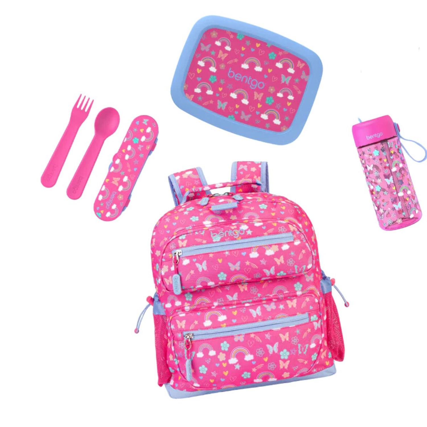 SET BENTGO MOCHILA ESCOLAR, LONCHERA, CUBIERTOS Y TOMATODO - MARIPOSAS - 1