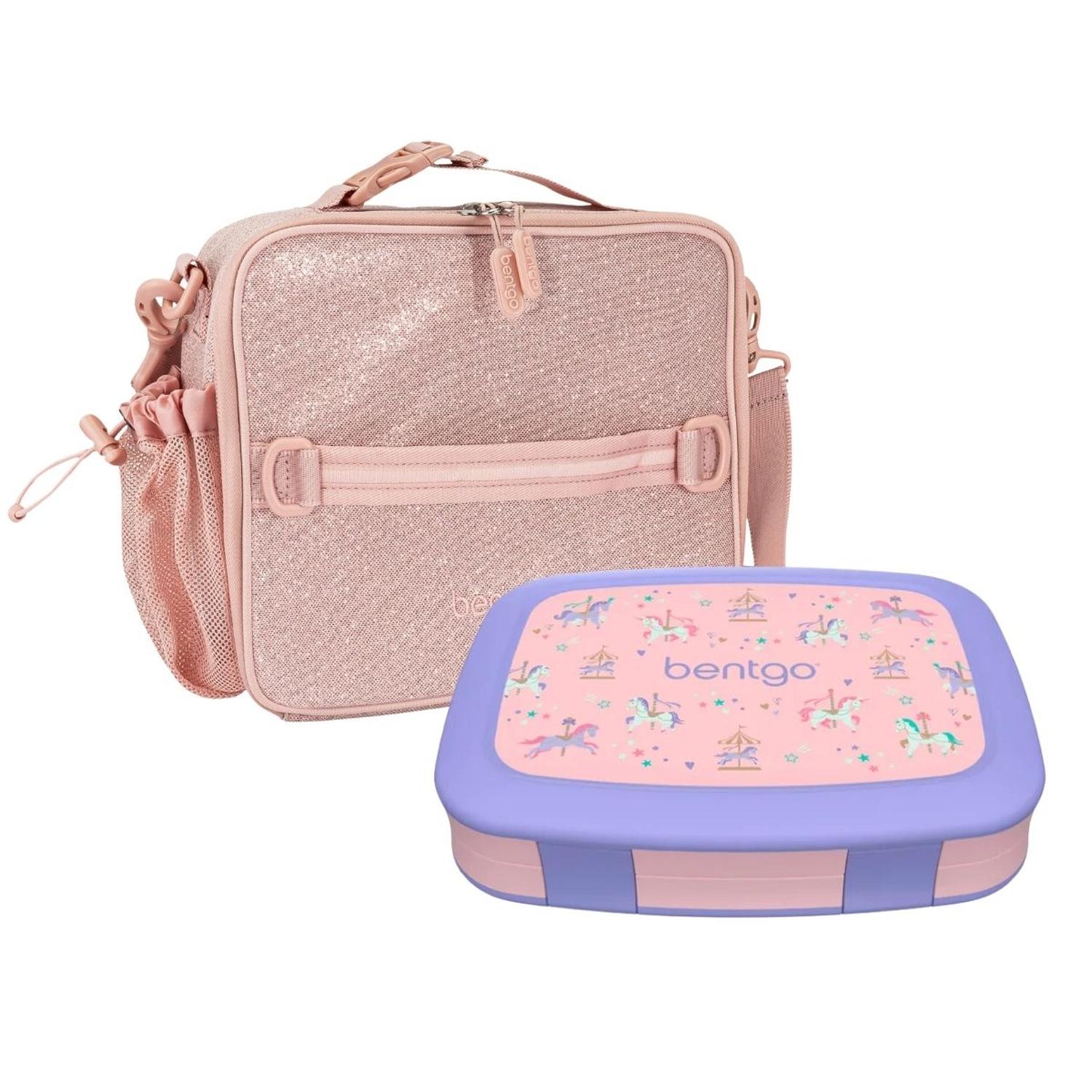 SET LONCHERA UNICORNIOS EN CARRUSEL Y PORTA LONCHERA BENTGO ROSA GLITTER - 1