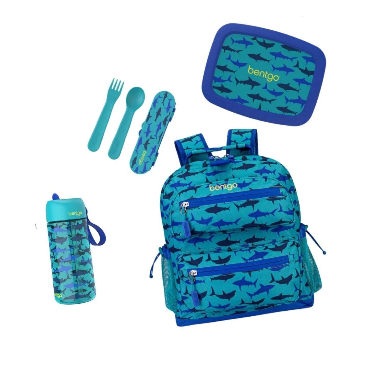 SET BENTGO MOCHILA ESCOLAR, LONCHERA, CUBIERTOS Y TOMATODO - TIBURON - 1