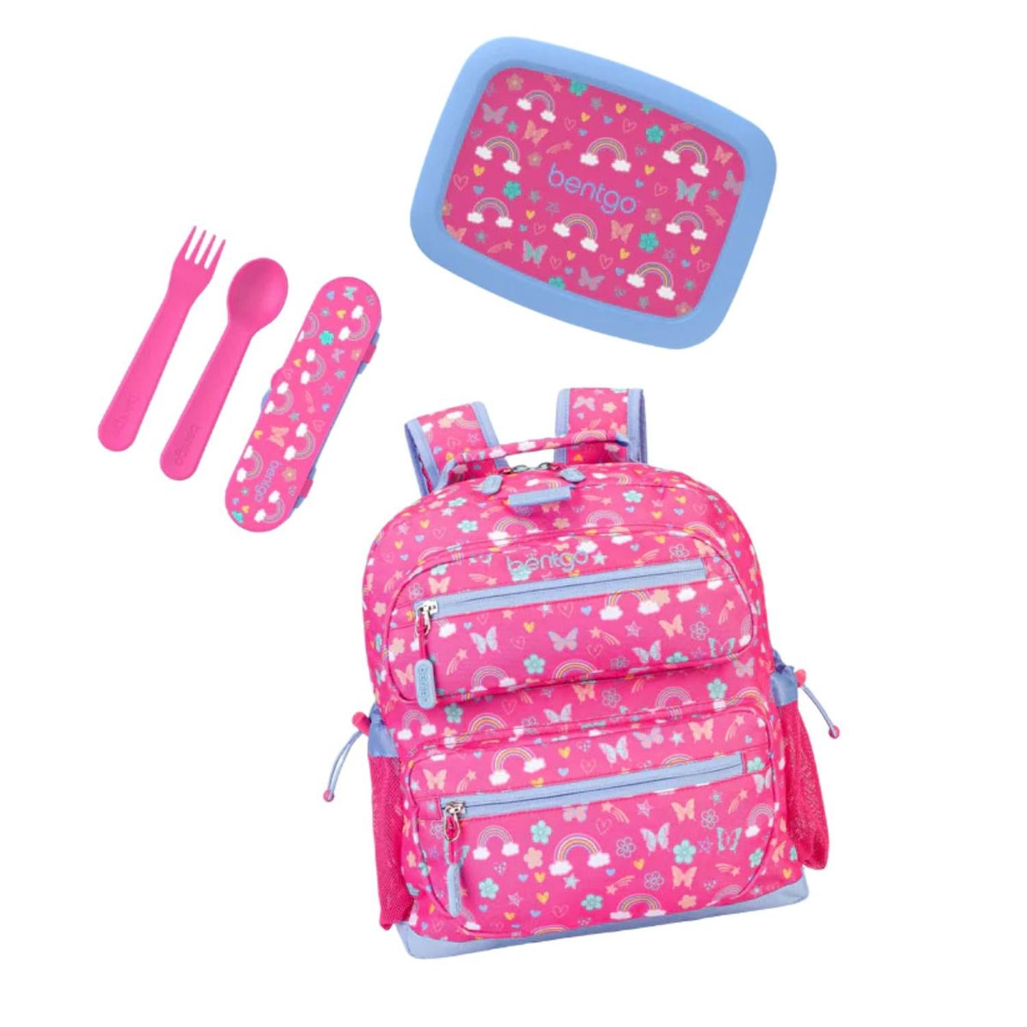 SET BENTGO MOCHILA ESCOLAR, LONCHERA Y CUBIERTOS - MARIPOSAS Y ARCOIRIS - 1