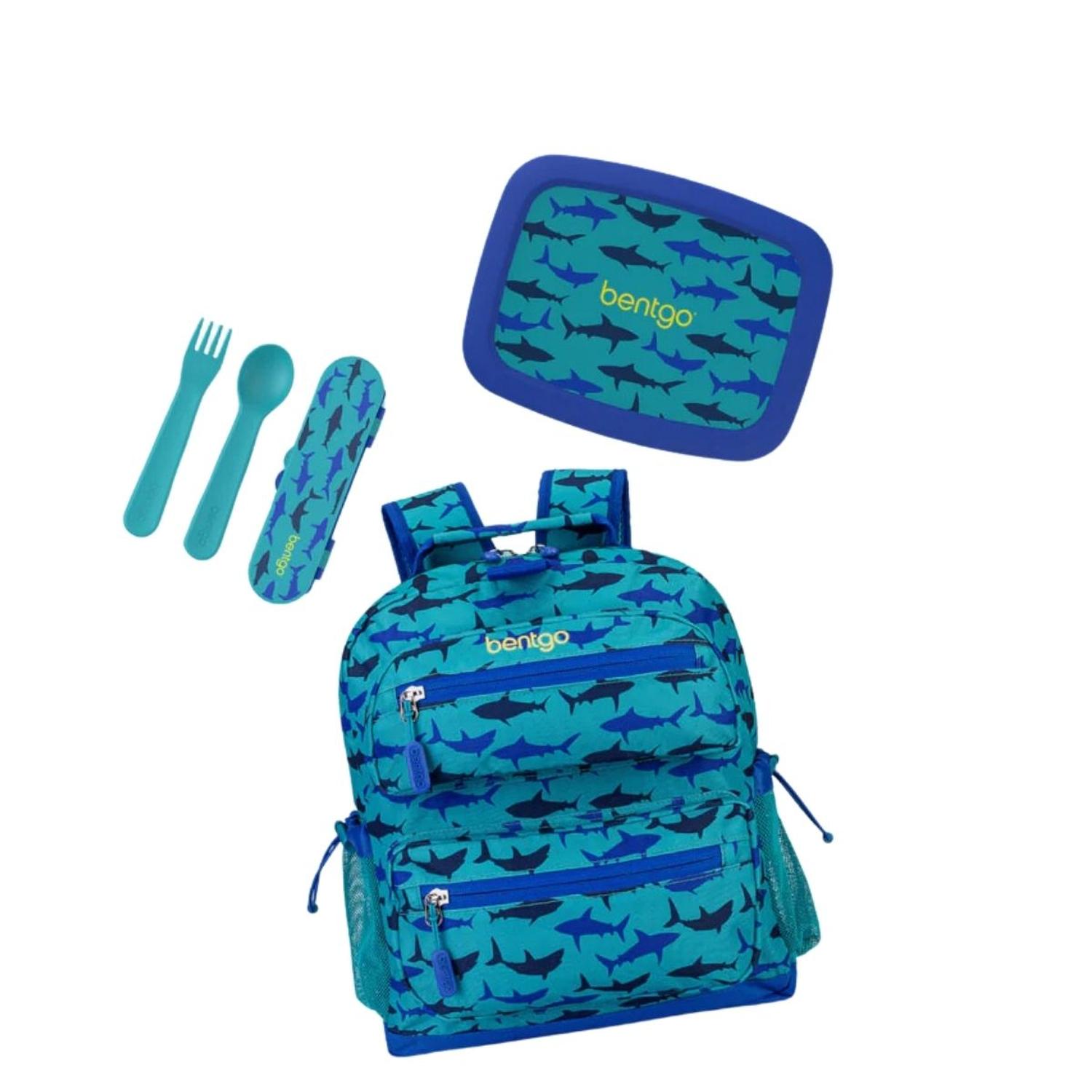 SET BENTGO MOCHILA ESCOLAR, LONCHERA Y CUBIERTOS - TIBURON - 1